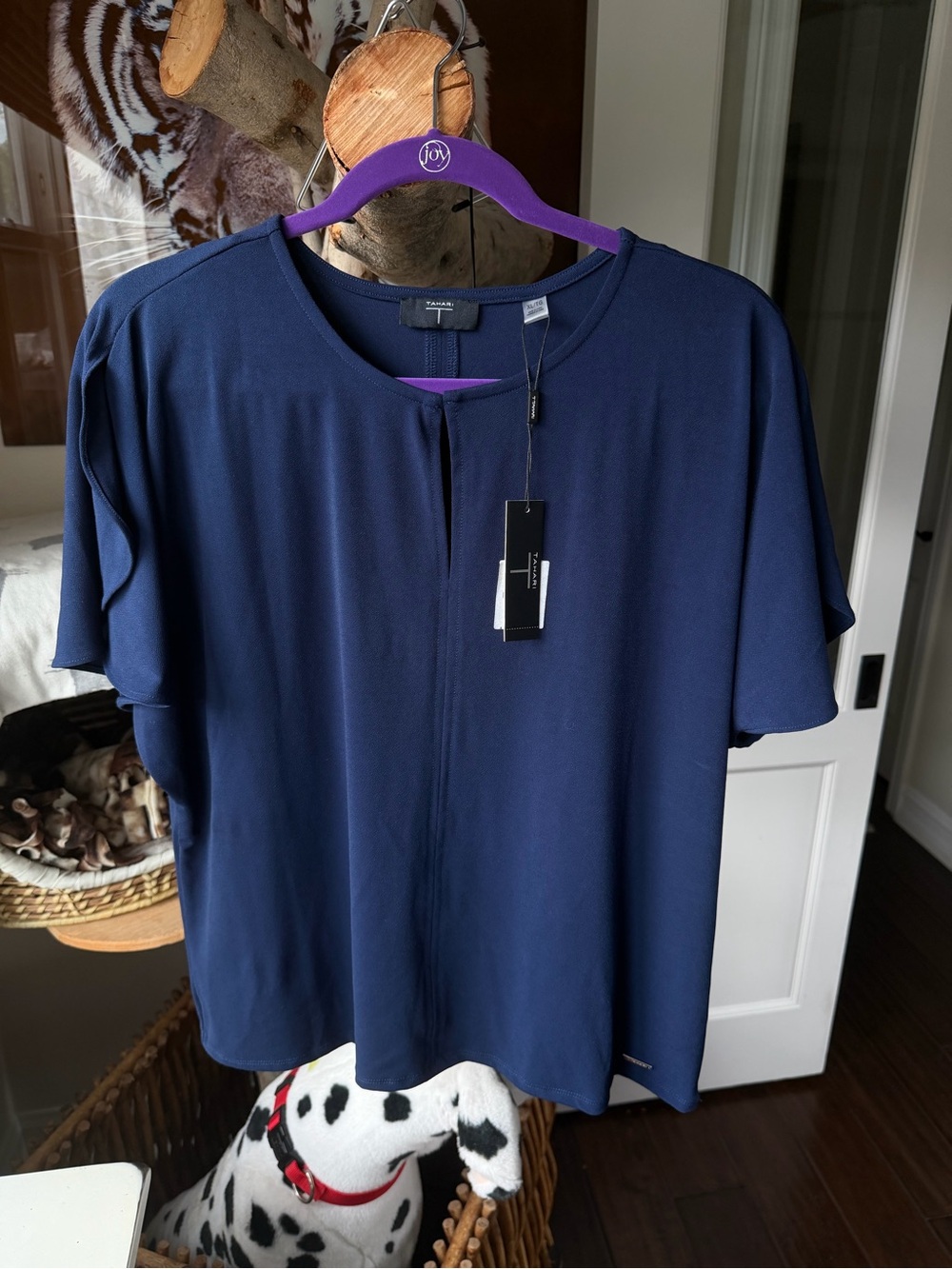 Tahari Navy Short Sleeve Round Neck Top